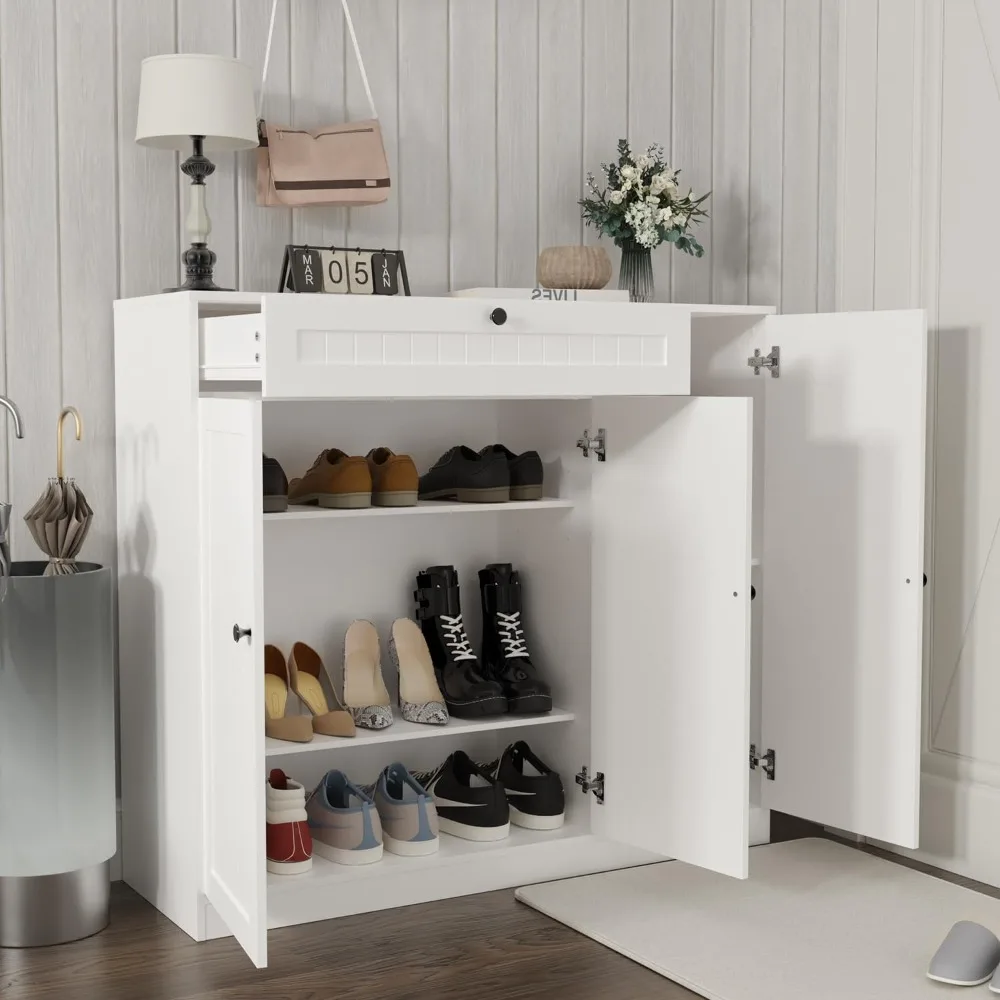 Shoe Storage Cabinet with 3 Doors, 5-Tier Shoe Cabinet with Drawer, 42" Tall Shoe Cabinet Storage with Adjustable Shelves, 5
