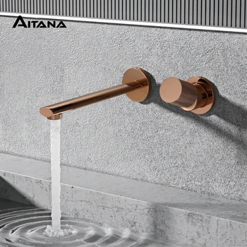 ก๊อกน้ําในห้องน้ําติดผนังทองเหลืองสีดําหรูหราพร้อมที่จับเดี่ยวและดีไซน์ทันสมัย 2 รูสําหรับก๊อกน้ําอ่างล้างหน้าร้อนและเย็น 1