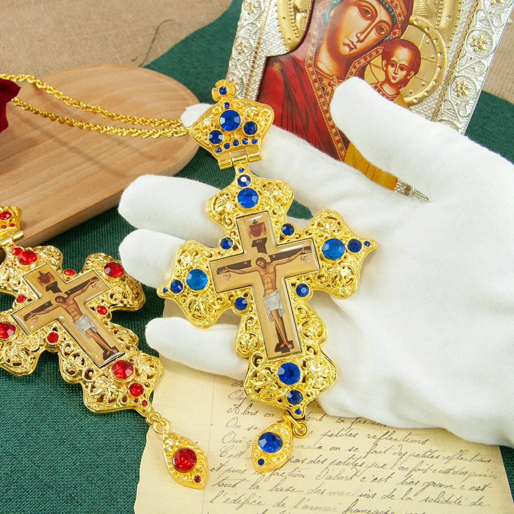 Greek Gold Plated Alloy Orthodox Pendant Russian Pectoral Cross with Jesus Icon Necklace for Priest Крест наперсный с цепью religious ritual accessories
