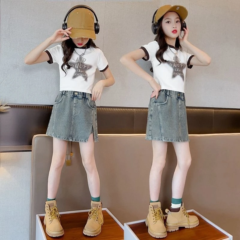 여아 데님 스커트 반바지 큰 아이 여름 핫팬츠 한국 스타일 세련된 얇은 통기성 청반바지 5-12세 여아용