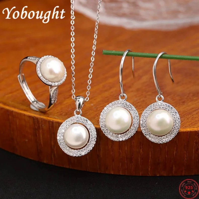 

S925 Sterling Silver Charm jewelry-sets for women new fashion freshwater pearl micro zircon drop-earring necklace pendants rings