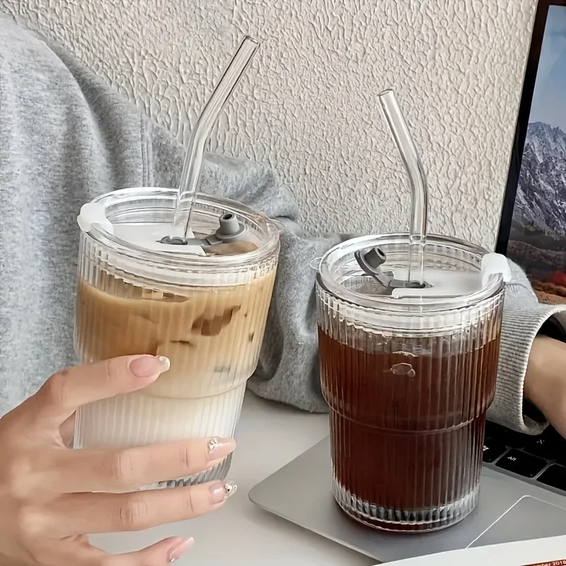Glass cup 1/2PCS 450ml Stripe Glass Cup Transparent Glasses with Lid and Straw Ice Coffee Mug Tea Cup Juice Glass Milk Water Drinkware