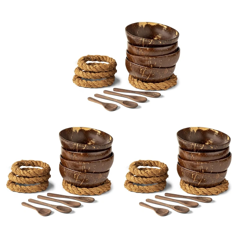 

Coconut Bowls With Spoons & Stands - Set Of 12 Coconut Shell Bowls + Wooden Spoons & No-Wobble Holders For Salad