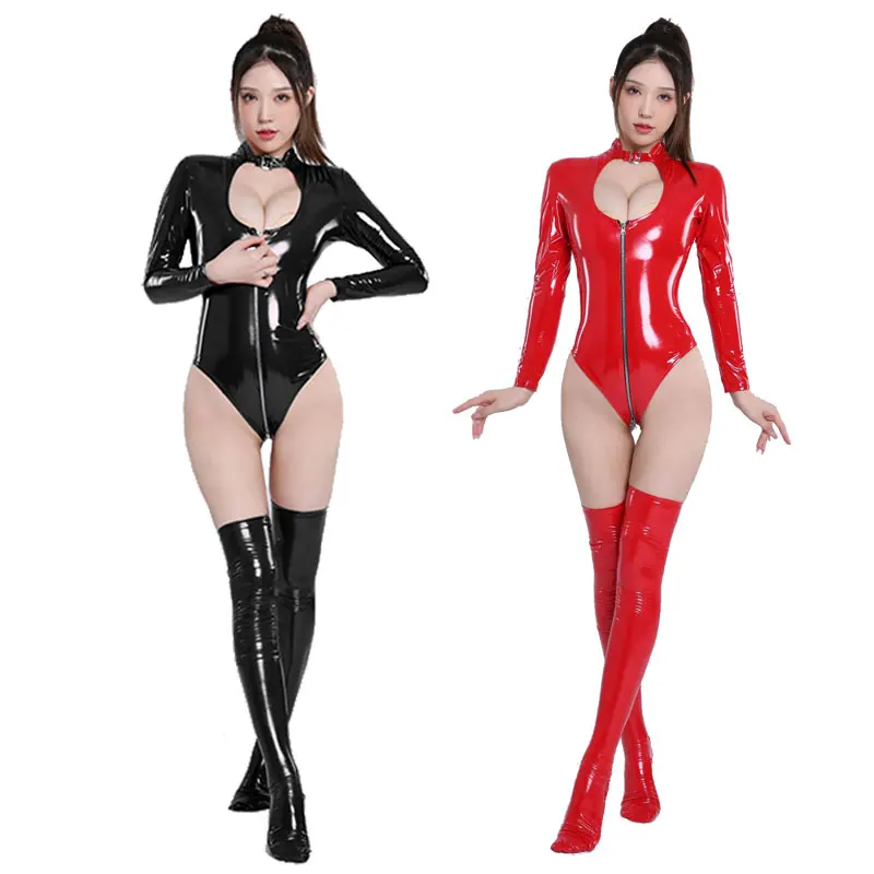 

Women Sexy PVC Leather Bodysuit For Erotic Crotchless Porn Catsuit Ladies Leotard with Socks Breast Exposing Shiny Latex