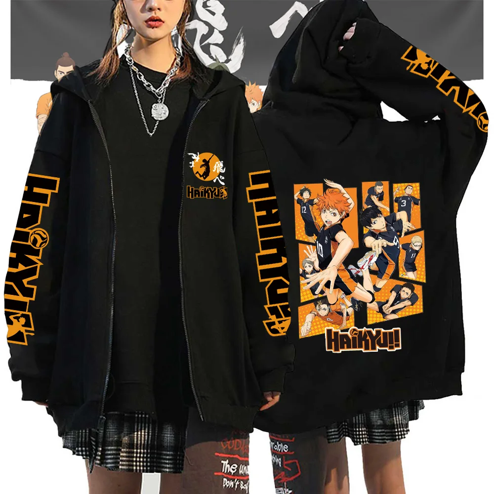 

Women Men Anime Hoodie Haikyuu Zip Up Jacket Karasuno High School Plus Size Sweatshirt Harajuku Unisex Autumn Warm Streetwear