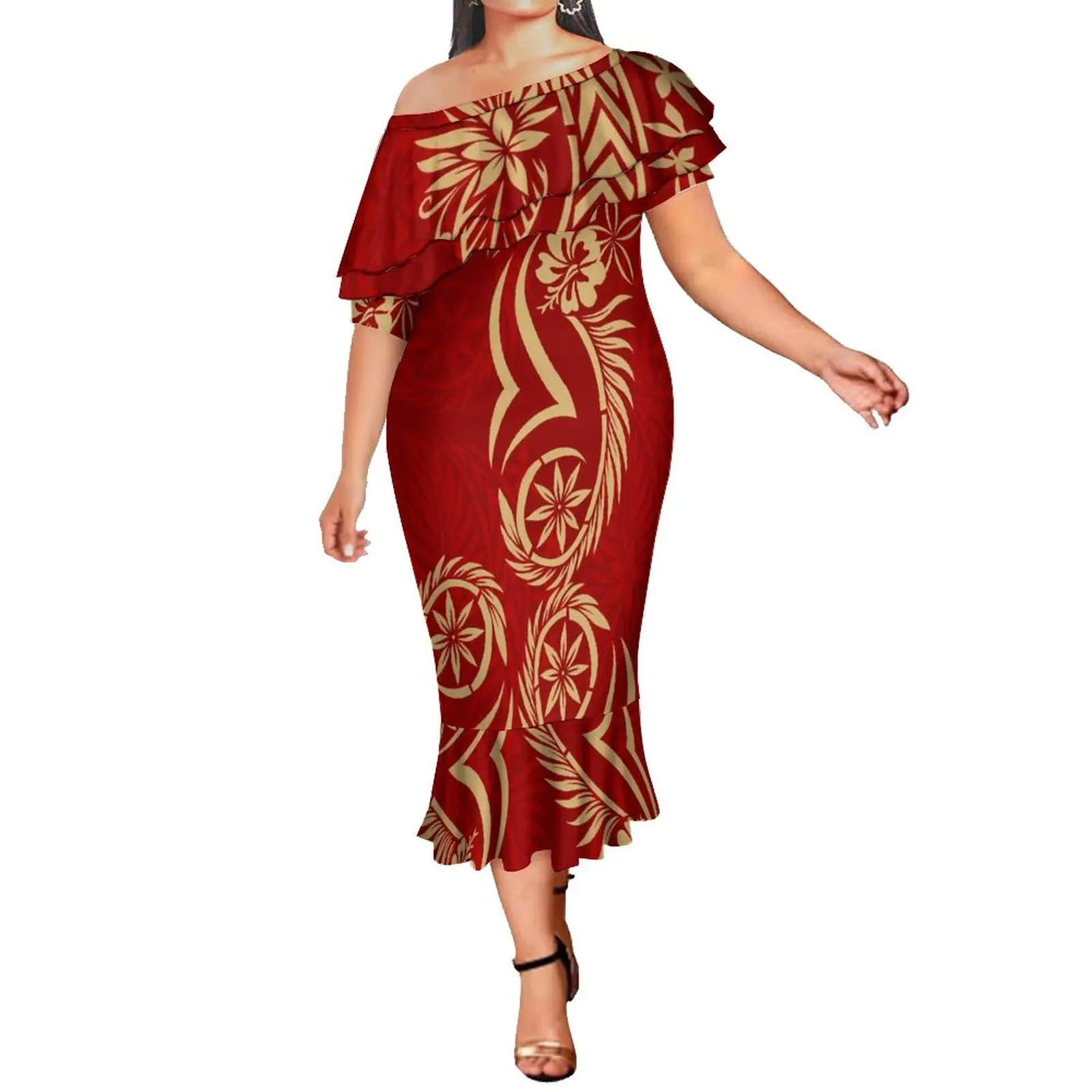 

Customize Big People 8XL Pacific Island Art Fashion Double Ruffle Mermaid Dress Tongan Polynesian Off Shoulder Fishtail Dresses