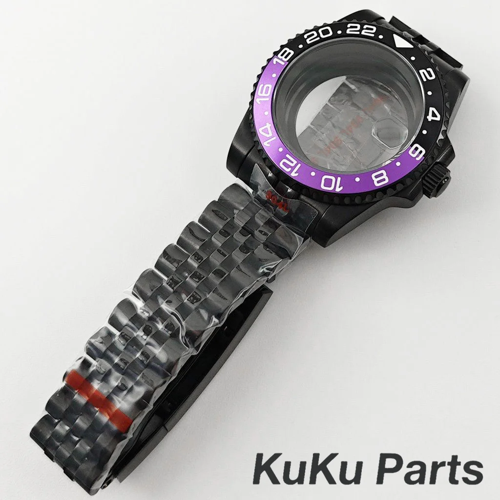 Black Purple GMT Bezel Watch Case with PVD Black Jubilee Bracelet and Sapphire Crystal