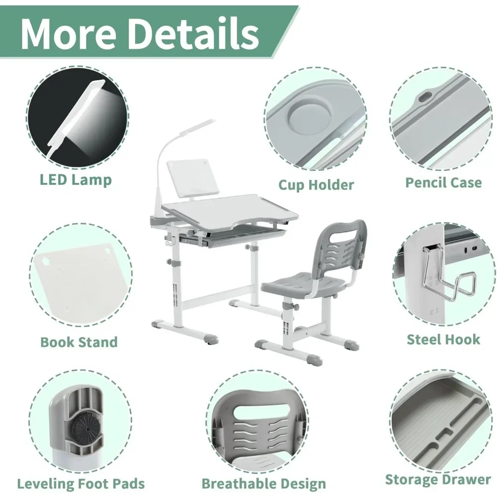 Kids Study Desk and Chair Set, Children School Study Desk with Tilt Desktop, Bookstand, LED Light, Storage Drawer for Boys Girls