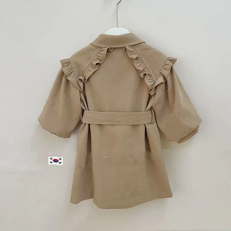 용수철 가을 여아 트렌치 베이비 재킷, 어린이 아웃웨어, 어린이 패션 의류, 허리 벨트 구김, 러플 카키 1-6 세