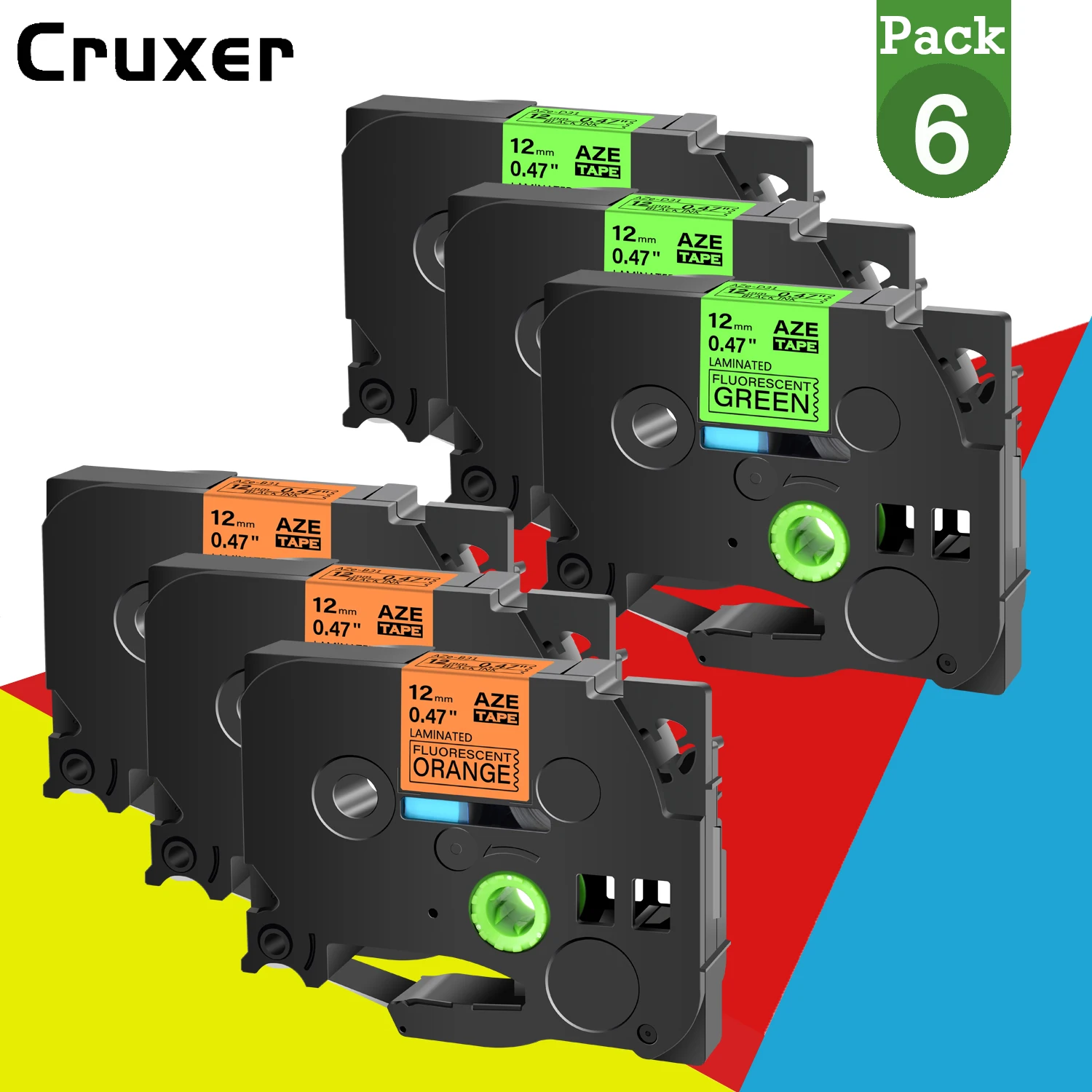 

6PK Label Tapes Compatible for Brother TZe-C31 TZ B31 D31 Black on Fluorescent Green/Orange/Yellow 12mm for P-Touch Label Makers