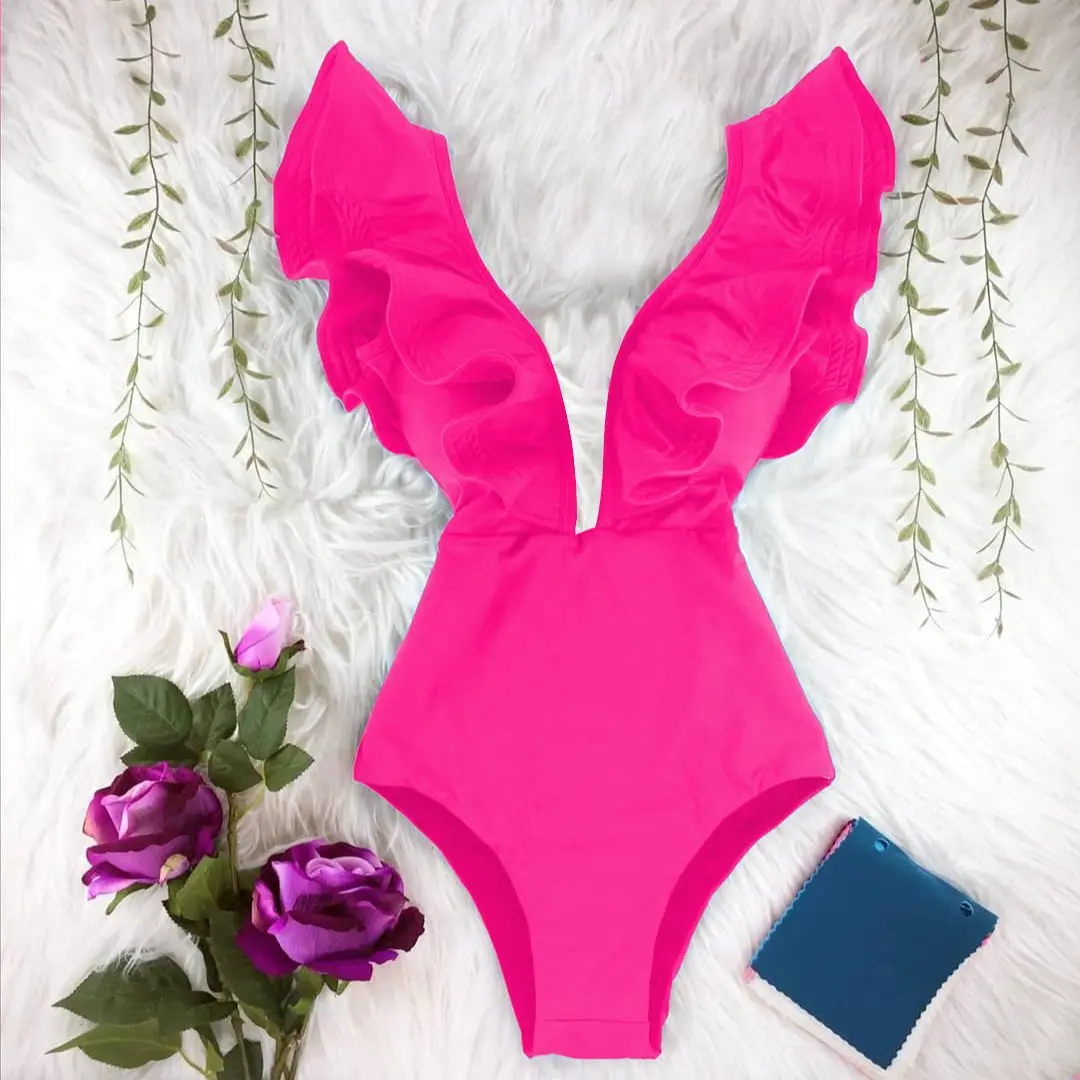 One Piece Swimsuit Deep V-neck Ruffle Push Up Backless Monokini