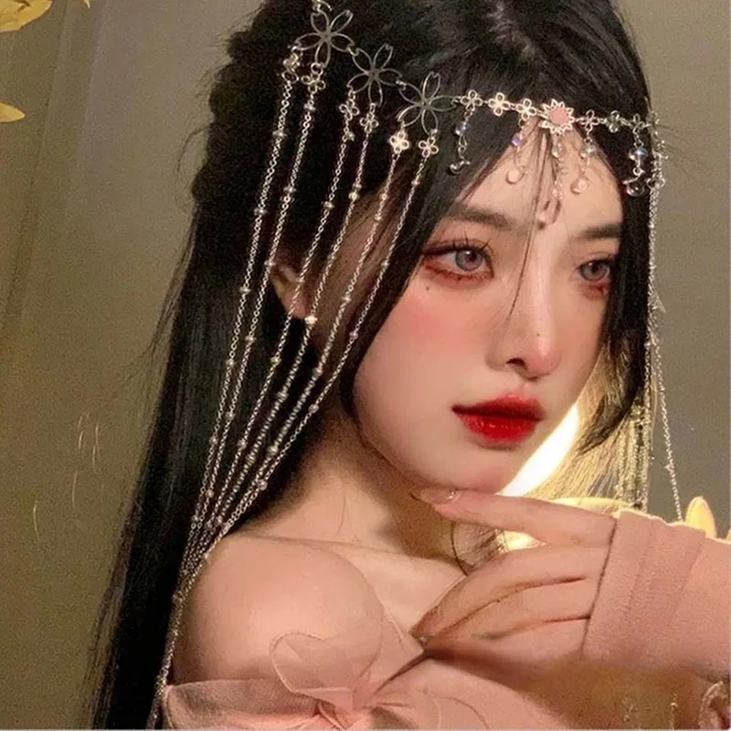 Fairy Long Tassel Veil Hair Ornaments Forehead Chain Face Curtain Retro Luxury Crystal Chrismas Headdress Women Hair Accessories hair accessory,hair headdress,jewelry accessories
