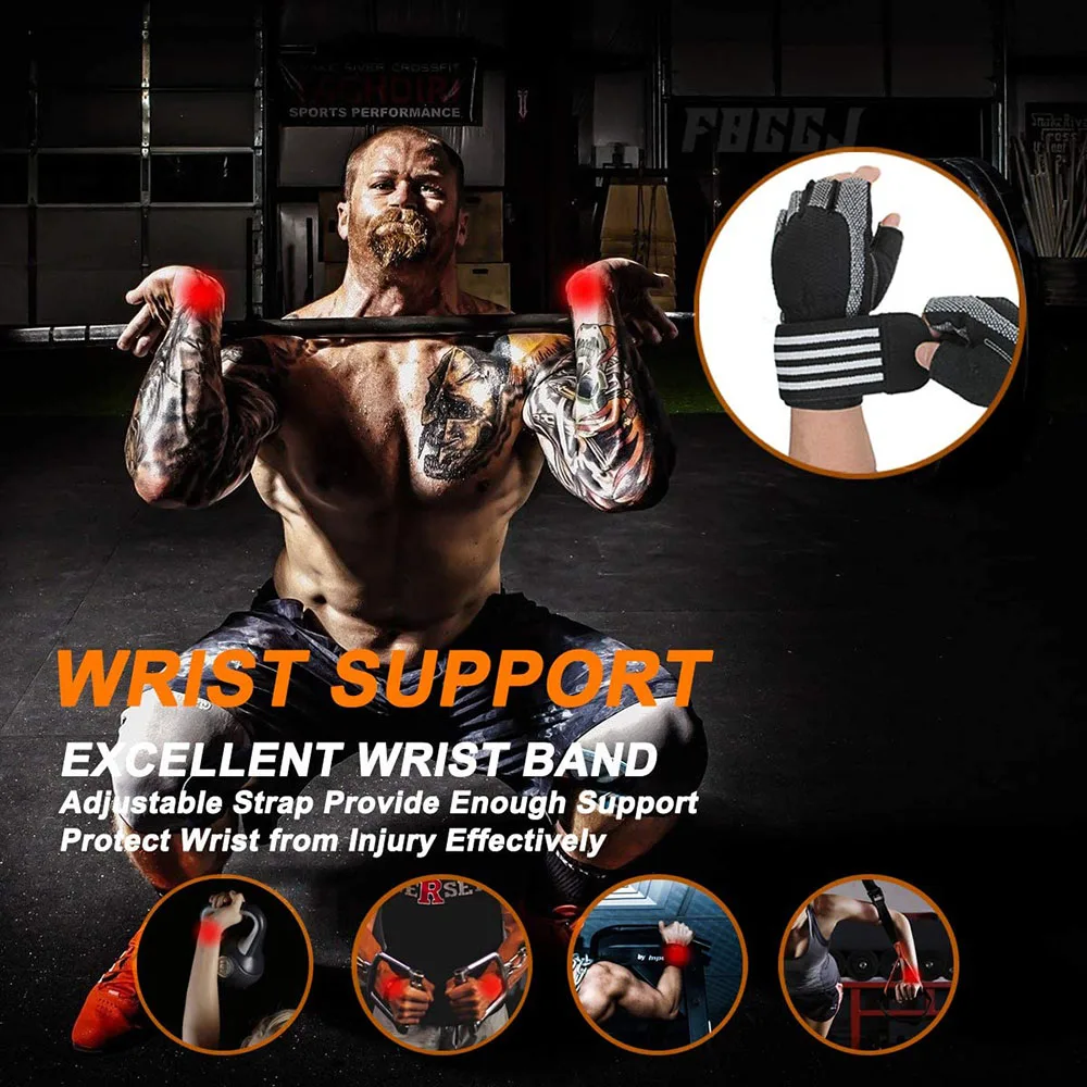 1Pair Half Finger Gym Fitness Gloves with Wrist Wrap Support for Men Women Crossfit Workout Power Weight Lifting Equipment 3
