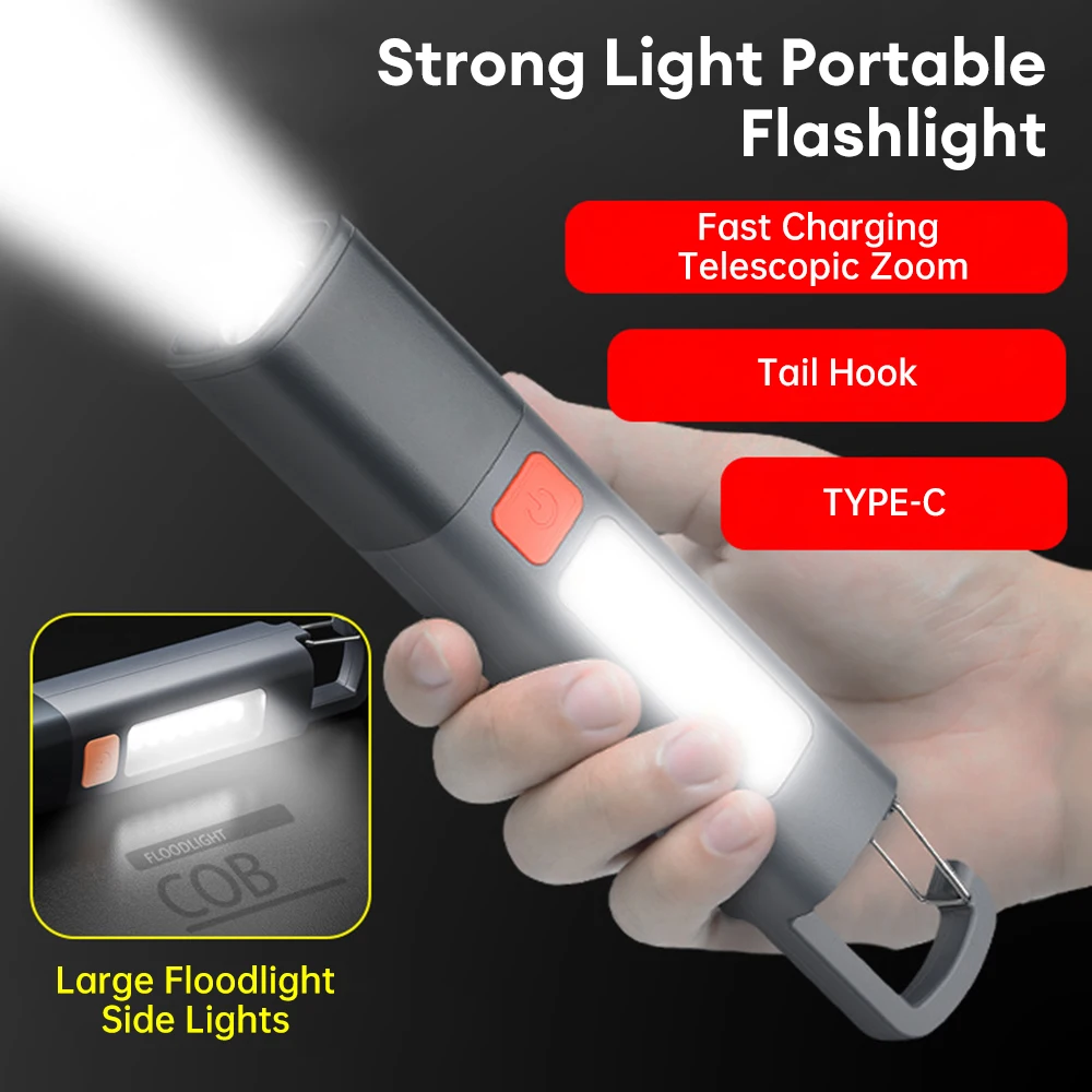 

Outdoor Mini Flashlight Long Range Rechargeable COB Zoom Floodlight Hanging Design Portable Torch Waterproof Work Lantern Light