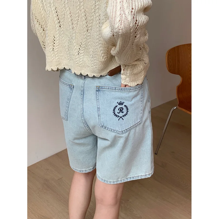 small design embroidered five point denim shorts for women's Spring/Summer Korean wide leg casual pants