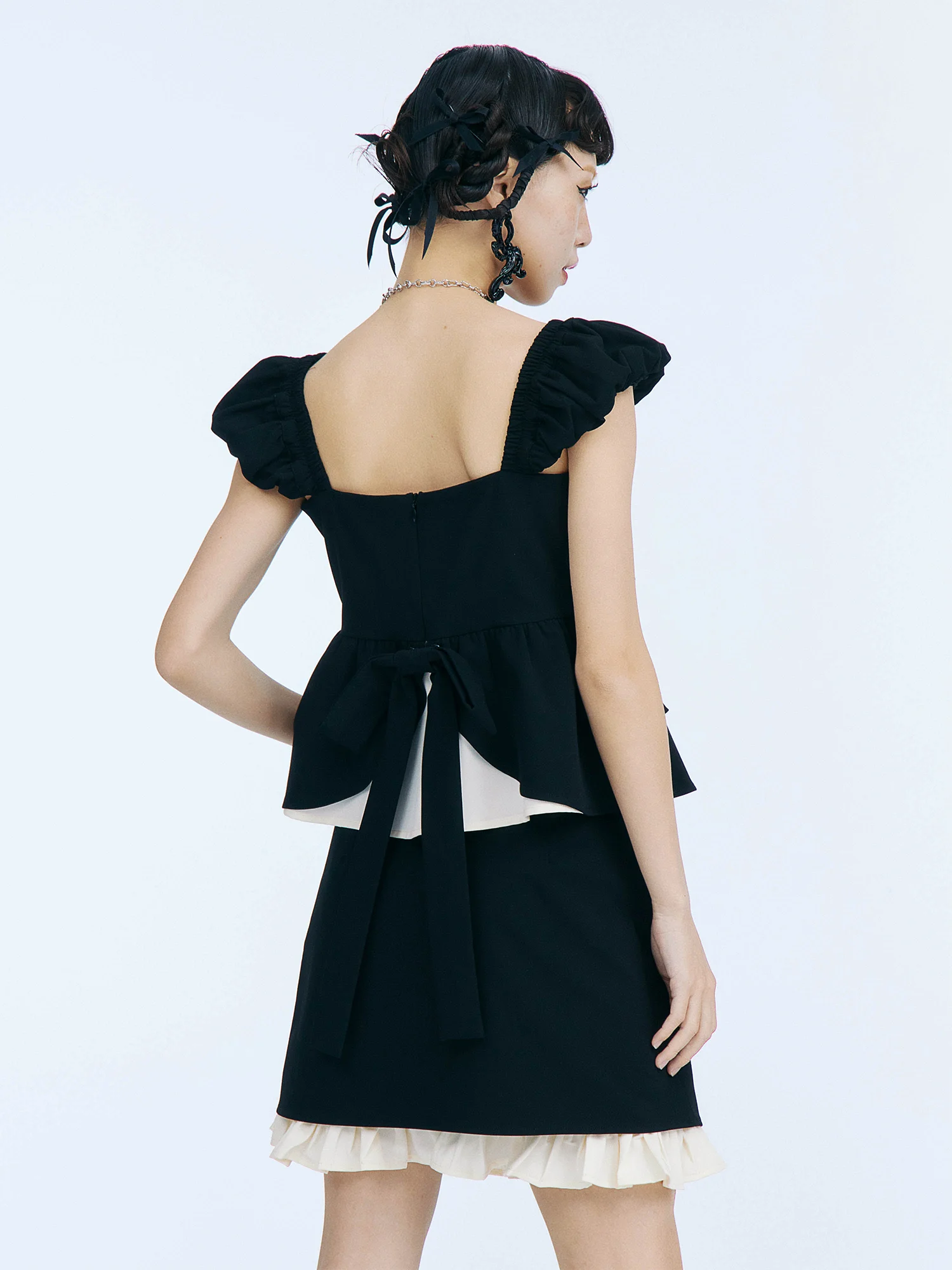 Sweet Cute Girl Square Collar Flying Sleeves Hollow out Lace-up Back Bow High Waist Slim A-line Short Skirt Two-Piece Sets Women