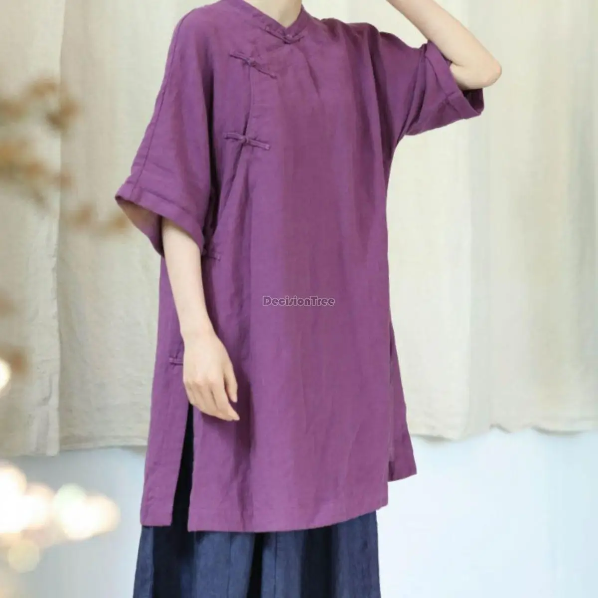 Cheongsam shirt women's summer loose chinese retro buckle stand up collar medium length comfortable chinese retro blouse