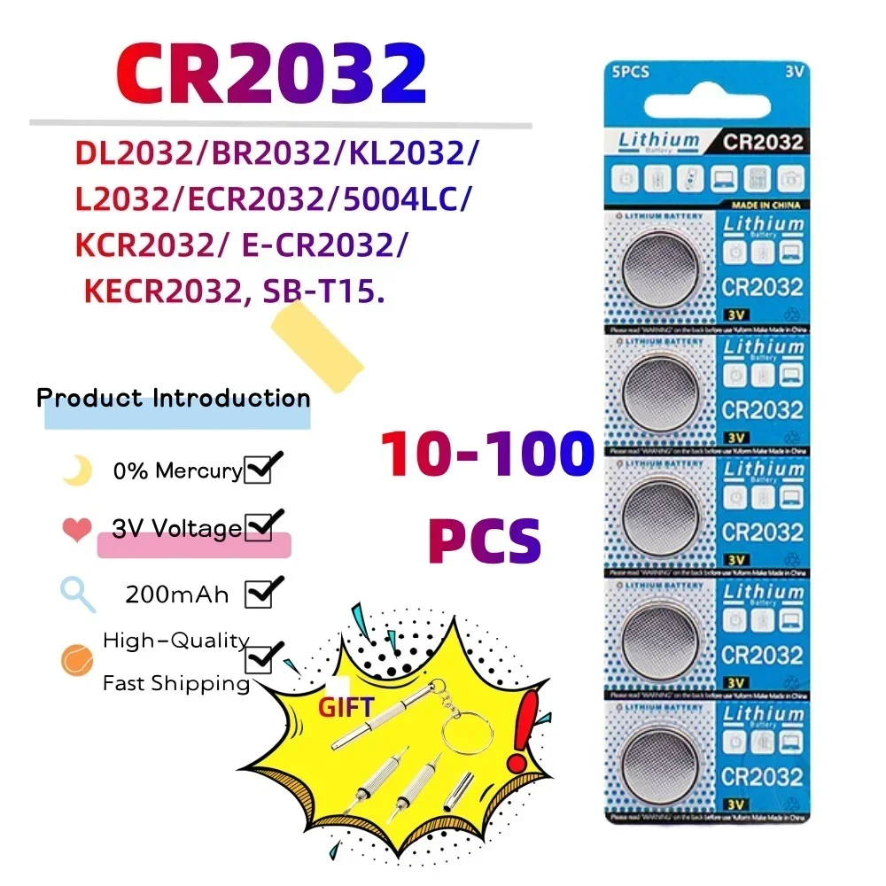 시계용 100% 정품 cr2032 배터리, 3v 단추 셀, 특수 자동차 리모컨 배터리 DL2032, 3v 리튬 배터리, 10-100 개