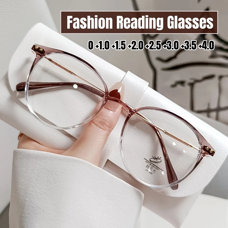 Mode Anti-blau Licht Lesen Brillen frauen Transparente Gläser Rahmen Trendy Runde Plus Dioptrien Presbyopie Brillen Bis + 4,0