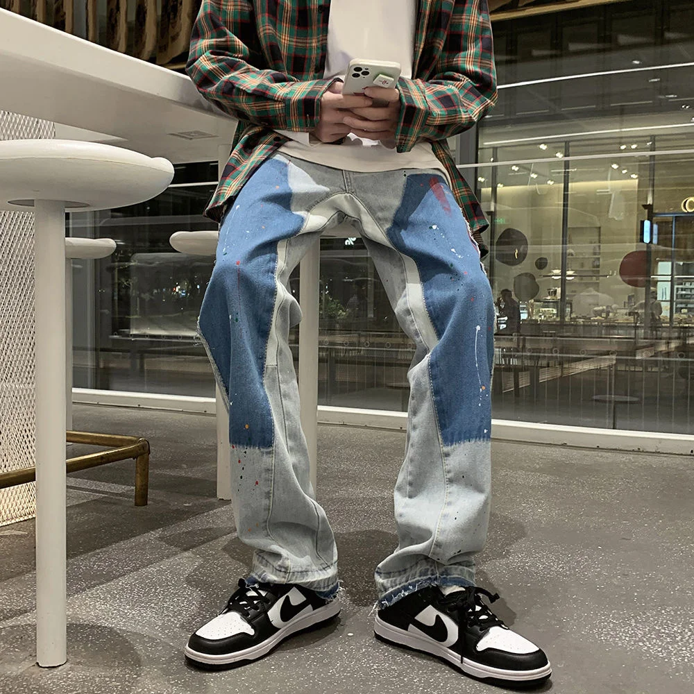 

2021 Men's High Street Paint Point Patch Casual Pants Baggy Homme Cargo Pocket Jeans Biker Denim Black/blue Color Trousers M-2XL