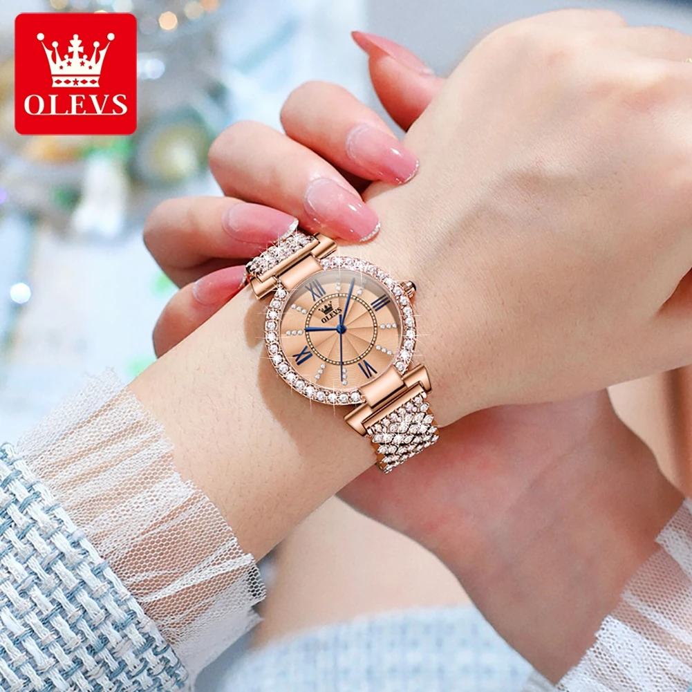 OLEVS Fashion Quartz Watch for Women Luxury Stainless Steel Strap Diamond Inlay Dial Women's Watches Waterproof Wristwatch Reloj