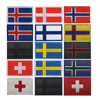 고품질 북유럽 국기 패치 노르웨이 덴마크 아이슬란드 스웨덴 자수 패치 완장, 맞춤형 컬러 후크 및 루프