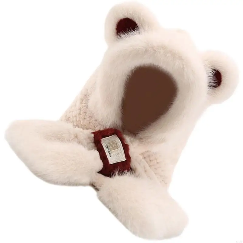 Faux Kaninchenfelle Kapuzenschal Mütze mit Bärenohr Damen Wintermütze mit Nackenwärmer für Outdoor-Abenteuer Freizeitkleidung – Detail 9