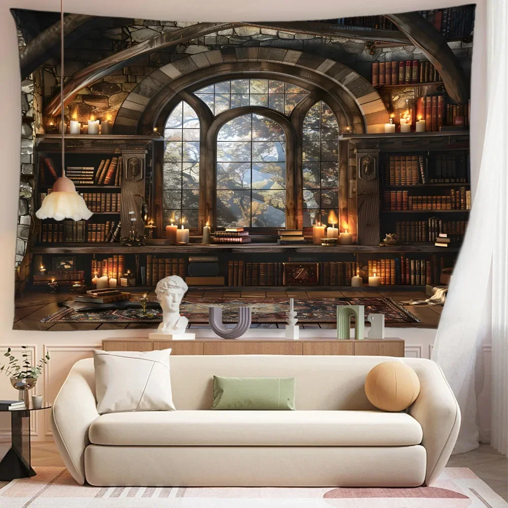 Vintage Library Tapestry Mural Old Books Bookshelf Attic Candles Gothic Home Decor Dormitory Living Room Bedroom Wall Hanging