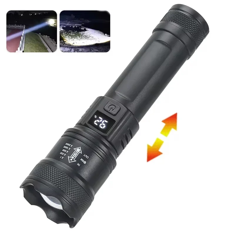 thumbnail image 1 of Linterna táctica LED de alta potencia con batería y carga USB para acampar, senderismo, emergencia, linterna con zoom, 1 of 5