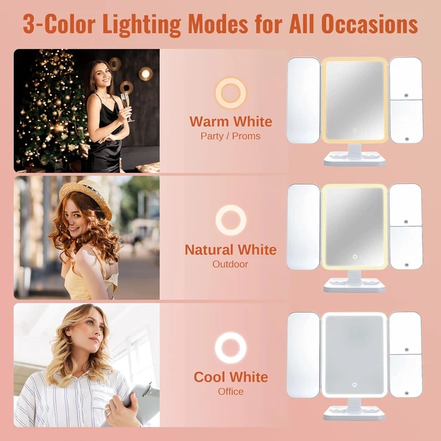 Miroir de maquillage à trois volets, lumières LED, miroir de Dressing pour dortoir, illumine votre lumière de remplissage avec miroir de maquillage complémentaire intelligent Tri 6