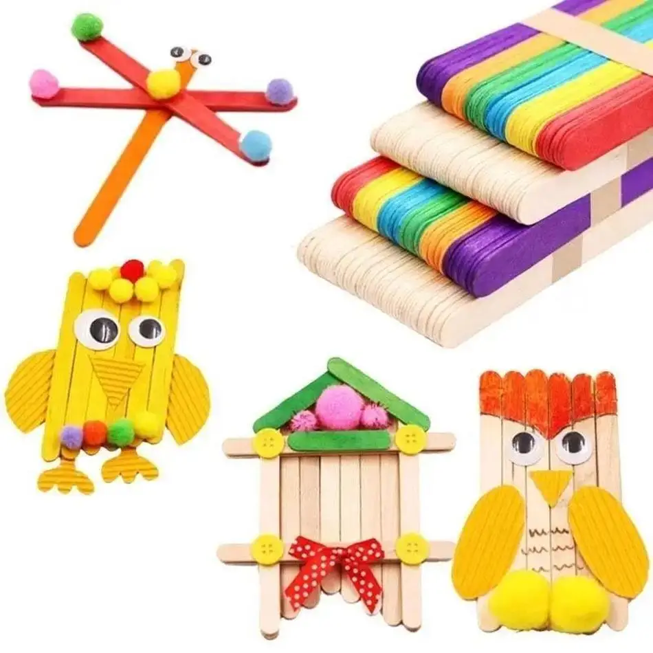 50 Pcs/Lot Ice Cream Woodenstick Stickwooden Strip Colorful Wooden Board Pieces Kindergarten Handmade Materials DIY