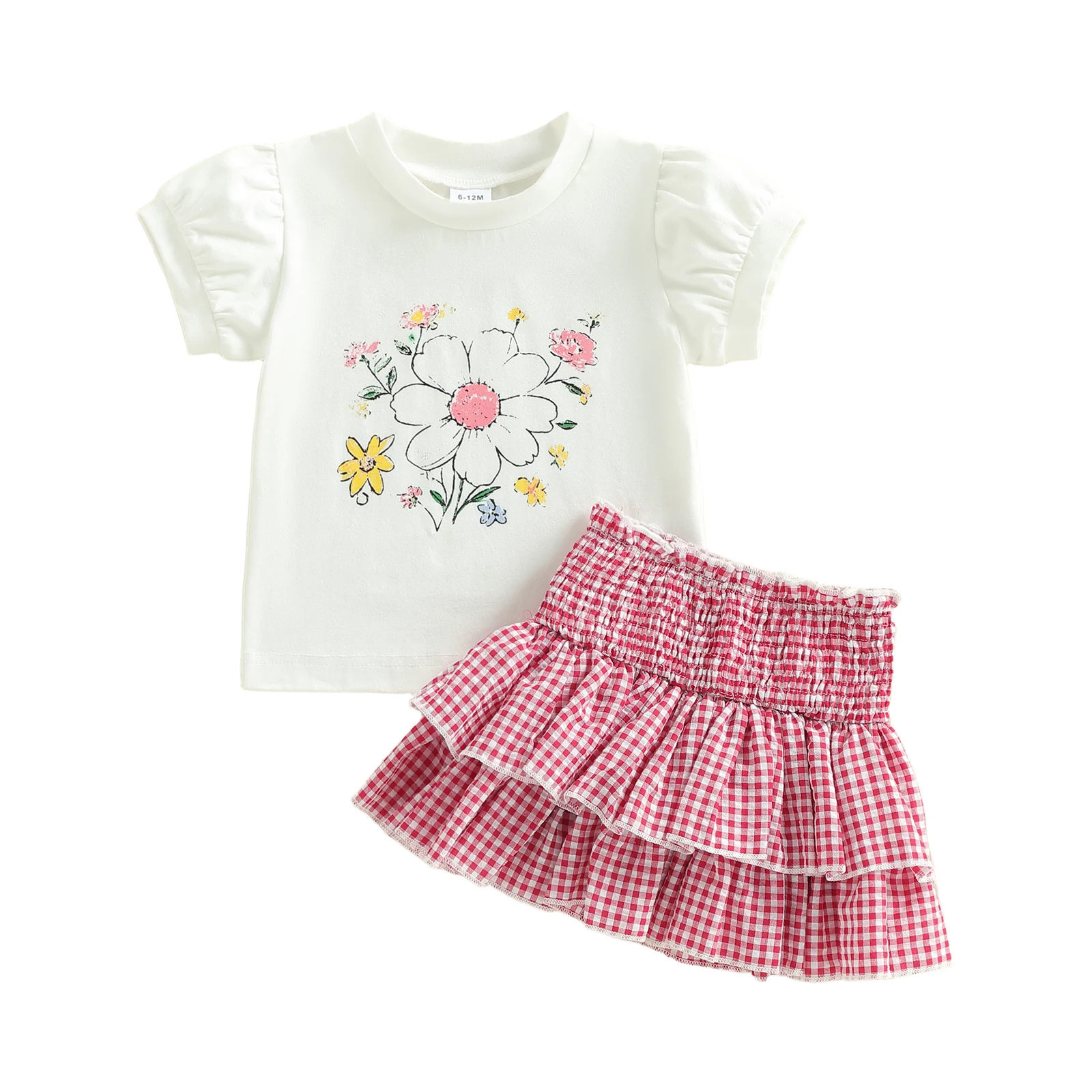 Adorable Toddler Girls 2 Piece Set with Floral Print Short Sleeve Top and Plaid Skirt Perfect for Playdates and Parties