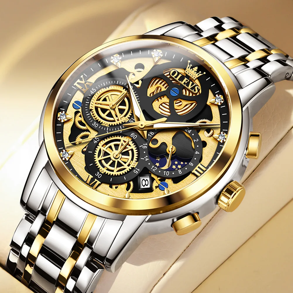 Orologi da uomo Orologio al quarzo impermeabile originale di lusso delle migliori marche per uomo in stile scheletro in oro 24 ore su 24, giorno e notte_voghion.com