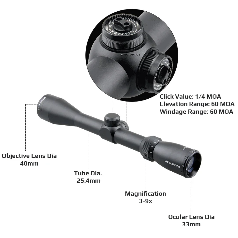 Victoptics 3-9X40 Hunting Rifle Scope Optical Airsoft Accessories Hunting Equipment 1/4 Moa Adjustment Rifle Scope