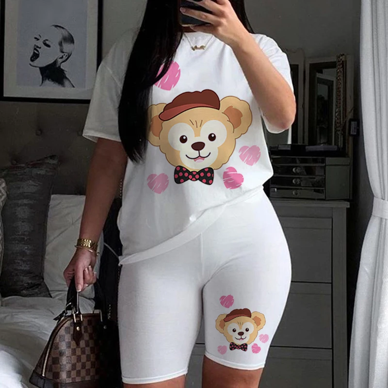 

Kawaii Disney Cartoon Characters Cute Summer Ladies Outfit Casual Loose Top+Biker Slim Fit Short For Sports Streetwear Set Women