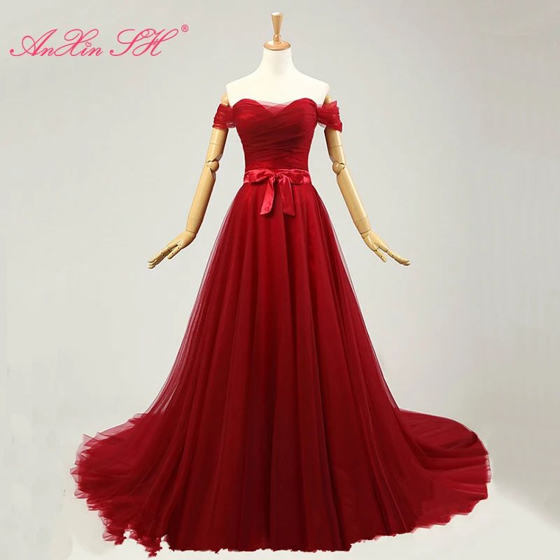 

AnXin SH red lace evening Dresses Sexy Bride Party princess red bow evening dress beach turkey boat neck red lace evening dress