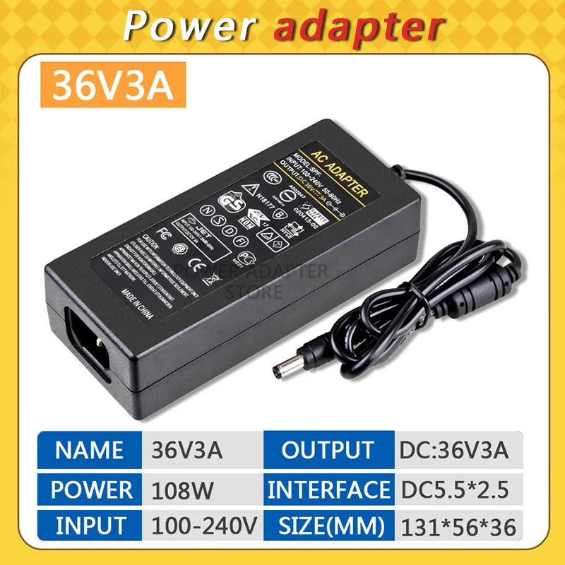 

DC 36V3A Power Supply Adapter, AC 100-240V to DC 36V 3A Switching Transformer Jack 5.5mm x 2.5mm for LED Strip, Light, Cameras