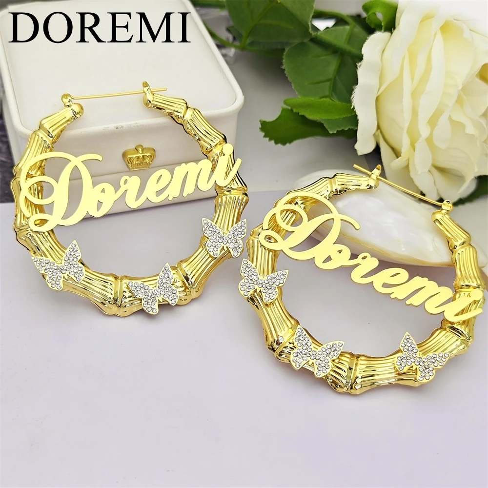 DOREMI Crystal Zircon Butterfly  Charms Name Hoop Bamboo Earrings Stainless Steel Tarnish Free Name Custom Earring Gift Jewelry doremi gift jewelry women fashion custom name plain letters necklace round zircon stainless steel personalized jewelry