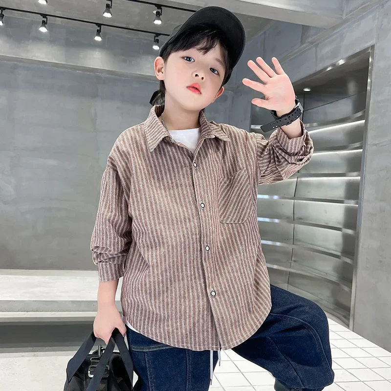 Boys Striped Shirt Spring Autumn Loose Thin Middle Large Children's Clothing Trendy Boy Jacket Children's Blouse