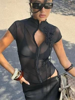 Weird Puss Tassel Applique Crop Tops Women Single-Breasted Half-High Neck Tassel Midnight Hottie Versatile Street Skinny T-Shirt