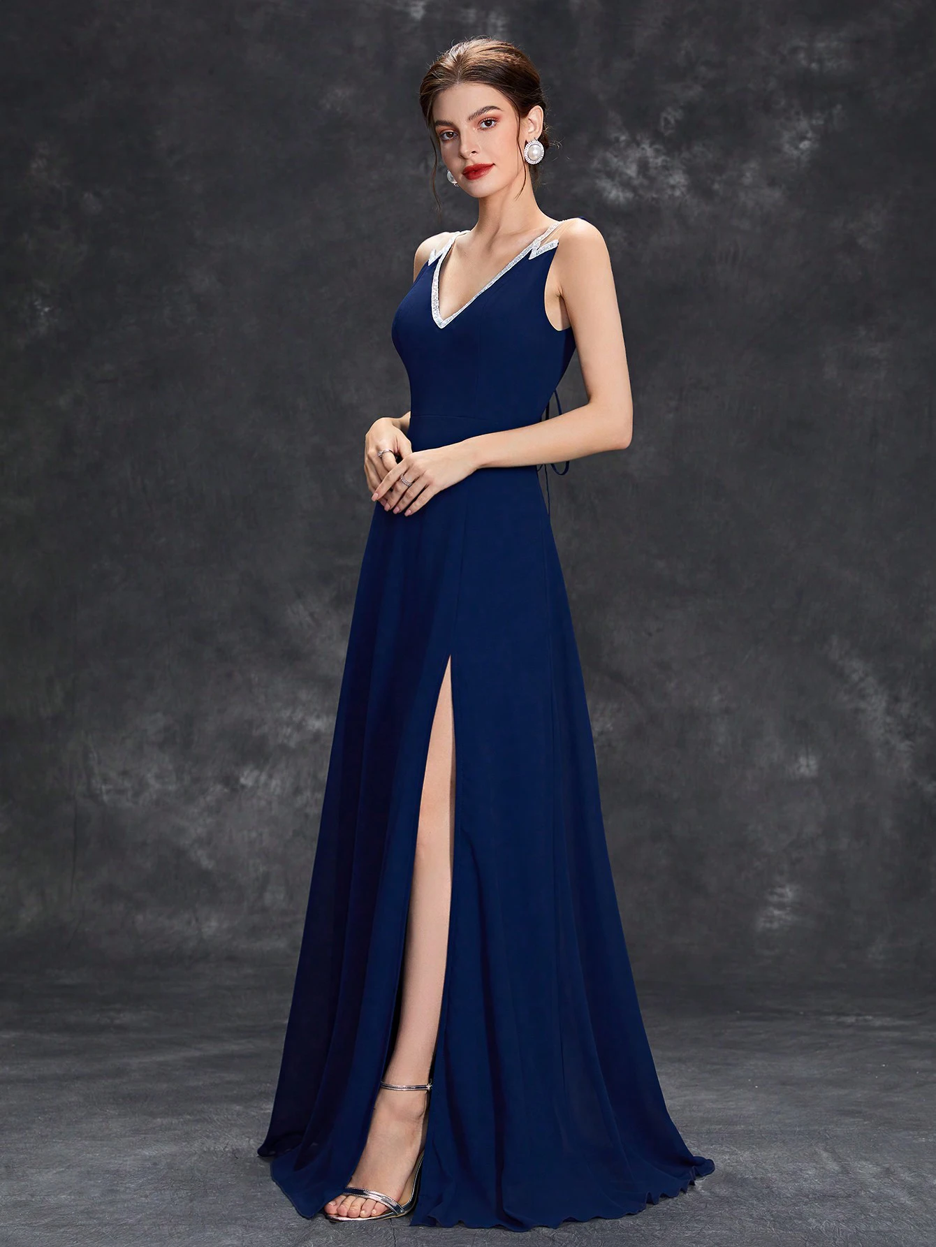 Georgia Escote En V Gasa Largo Vestido De Dama De Honor Azul Polvoriento