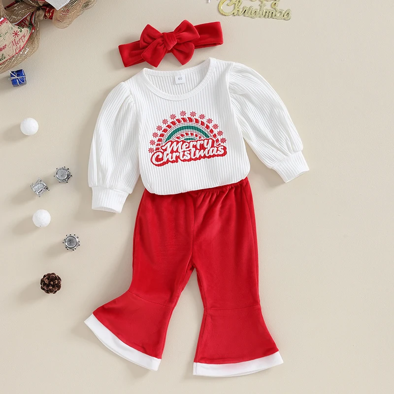 

Suefunskry Baby Girls Christmas Outfits Letter Print Ribbed Long Sleeves Romper and Elastic Flared Pants Headband Fall Clothes