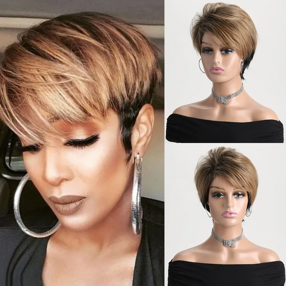 

Short Synthetic Wig for Women Brown To Black Two Tone Wig Fashion Pixie Cut Ombre Hairstyle Costume Party Wig Perucas