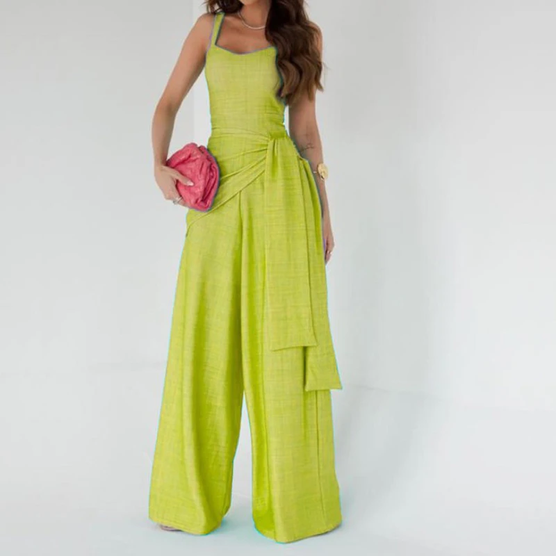 

Casual Solid Hollow Strap Jumpsuit Elegant Ladies Sleeveless Lace Up Patchwork Wide Leg Pants Rompers Sexy High Street Playsuits