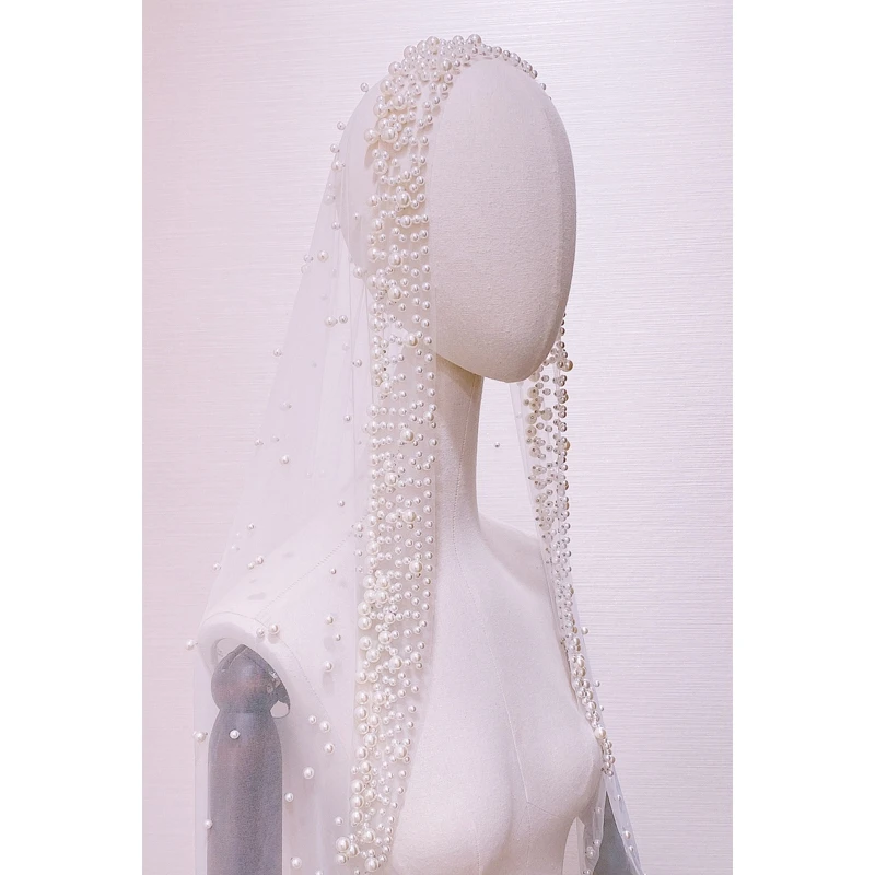 

Romantic Long Wedding Veil 1 Tier Pearls Edege Beading Bridal Veil Headpiece White Champagne velos para la iglesia