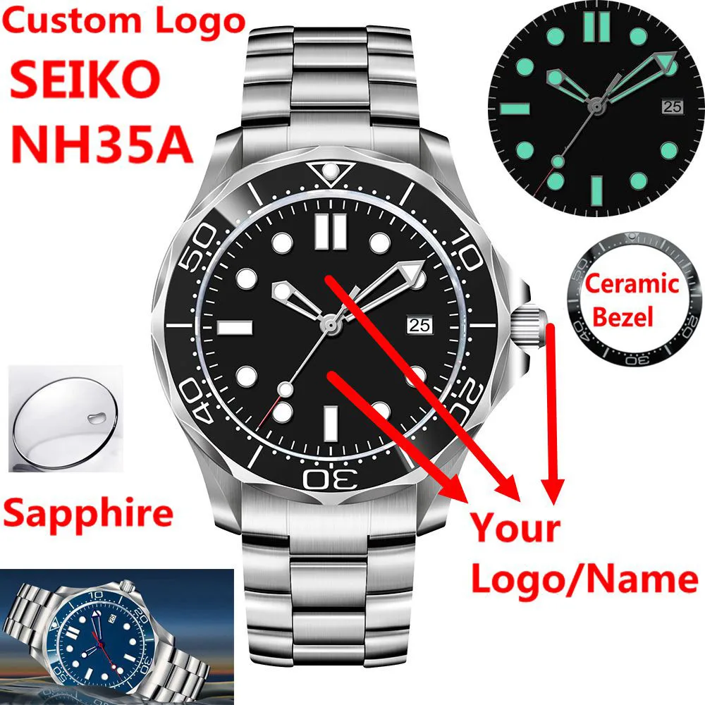 Часы NH35 с логотипом на заказ, мужские часы с стерильным циферблатом с сапфировым стеклом диаметром 41 мм, светящиеся часы с керамической рамкой, автоматические механические наручные часы с 10 стержнями Часы NH35 с логотипом на заказ, мужские часы с стерильным циферблатом с сапфировым стеклом диаметром 41 мм, светящиеся часы с керамической рамкой, автоматические механические наручные часы с 10 стержнями