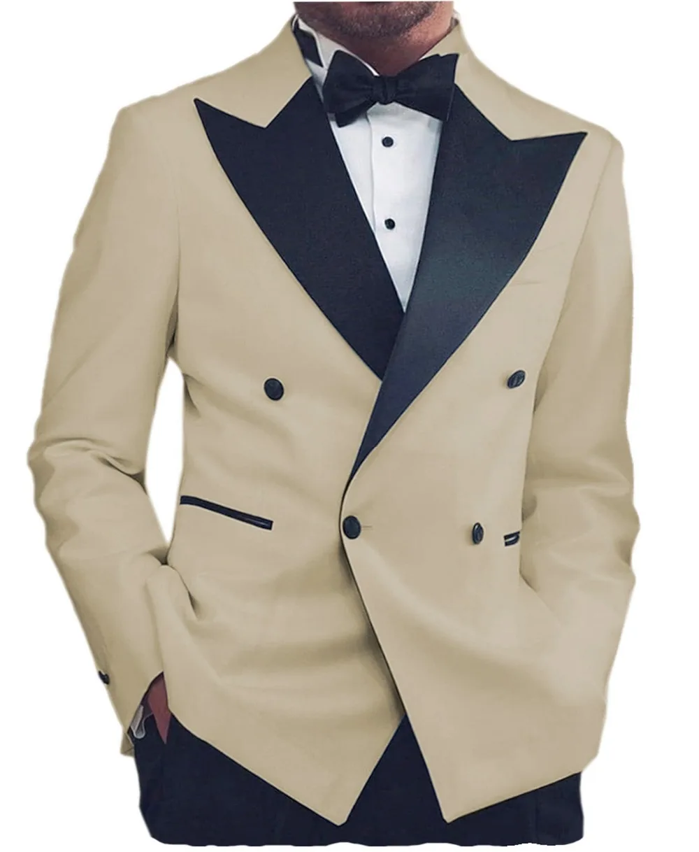 Casual Mens  Suits Peak Lapel Flat Blazer Double Breasted Groom Tuxedos Trousers For Wedding (Jacket+Pants)