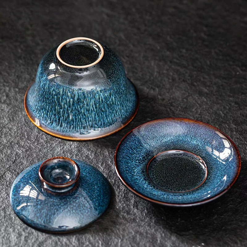 Exquisite Blue Star Glaze Gai Wan Tea Set Cover Bowl Tea Cups Chinese Soup With Lid Bowl Lotus Hand Drawing Porcelain Gaiwan Bar