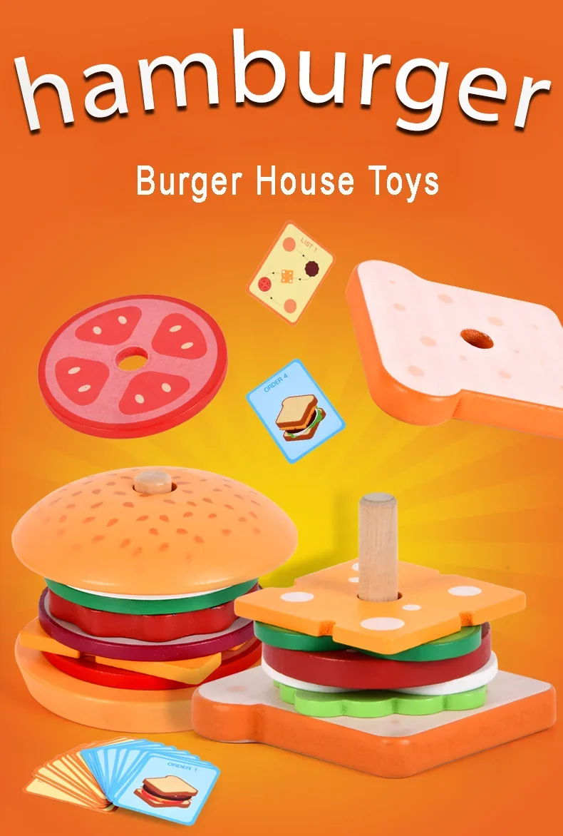 Juego de simulación de cocina para niños, juguetes de madera, sándwich de hamburguesa, juegos a juego de comida de simul
