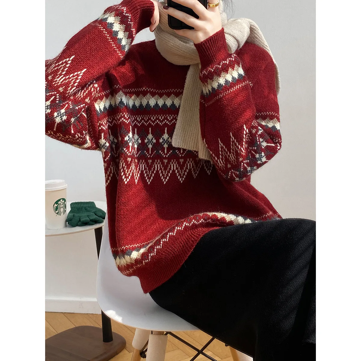 

Christmas Red Retro Christmas Sweater Female Winter Lazy Wind Loose Round Neck Knit Top 2022 Autumn and Winter